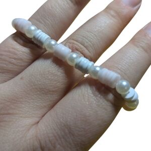 Handmade Beaded Stretch Bracelet Pink White Clay Beads Hand Crafted NEW